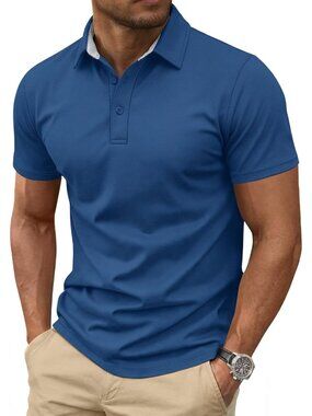 Men's Blue Gray Cotton Pique Polo Shirt Short Sleeve 3 Button Classic Fit Golf